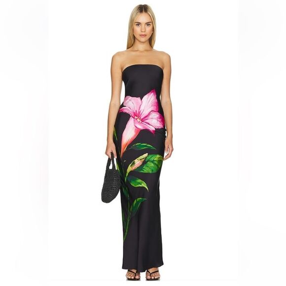 NWT Rococo Sand black floral print maxi dress strapless slip pink Revolve L